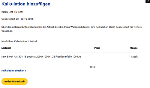Kalkulation hinzufügen Mein MCB